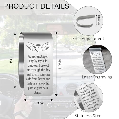 Guardian Angel Stay by My Side Guide and Protect Me Engraved Stainless Steel Car Visor Clip, Inspirational Guardian Angel Safe Driving Gifts for Family Friend Driver, Drive Safe Gifts - color: silver029