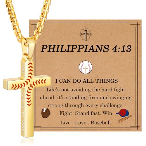 Baseball Cross Necklaces for Boys Men, Colourfast Stainless Steel Bible Verse Cross Chain Pendant Necklace Baseball Accessories Stuff Confirmation First Communion Gifts for Boys Teens - color: Gold