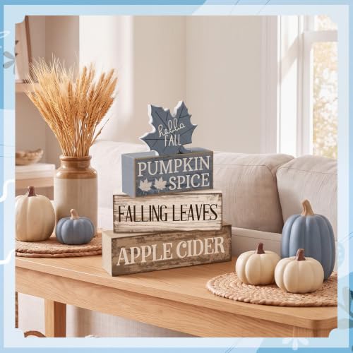 Moucuny 4 Pcs Fall Table Decoration Rustic Blue Maple Leaf Wooden Blocks - style: Blue Maple Leaves