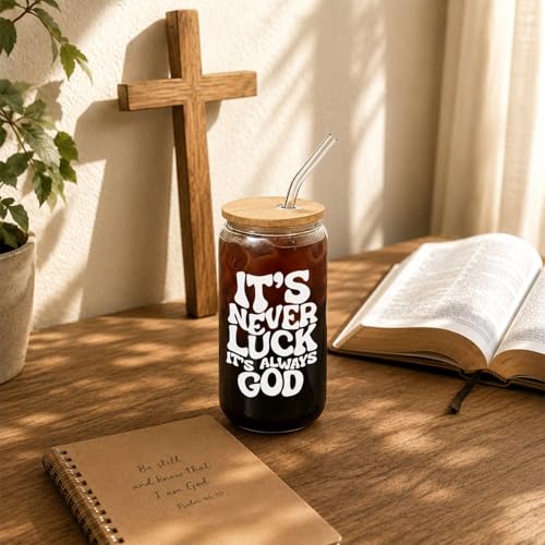 Mikopei Christian Gifts for Women, Faith Glass Cup with Lid and Straw 16 oz