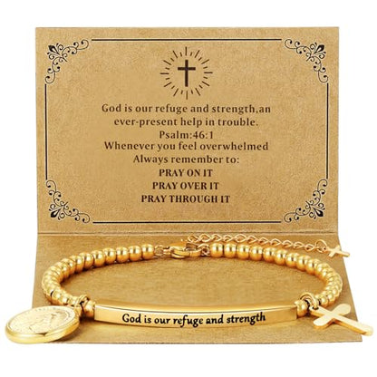 DS Women Christian Charm Bracelet,Cross Scripture Stainless Steel Jewelry - style: God is our refuge and strength-Gold