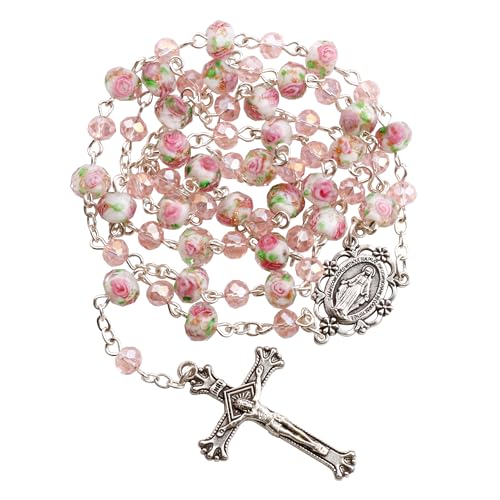 Murano Glass Rose Beads Catholic Virgin Mary Rosary Necklace Women - color: Pink