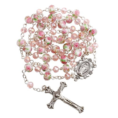 Murano Glass Rose Beads Catholic Virgin Mary Rosary Necklace Women - color: Pink