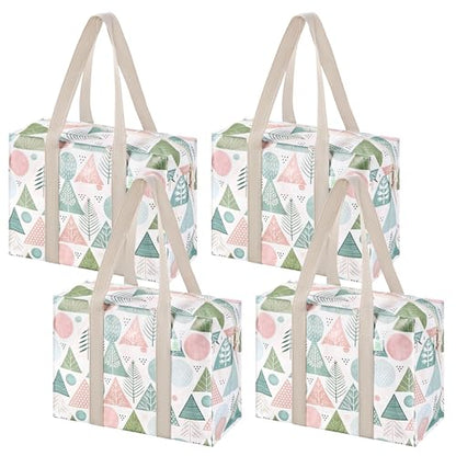 VENO 4 Pack Utility Tote Reusable Grocery Bags with Zipper & Hard Bottom - color: Pastel Forest, size: 4 Pack