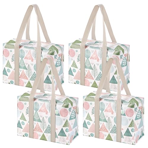 VENO 4 Pack Utility Tote Reusable Grocery Bags with Zipper & Hard Bottom - color: Pastel Forest, size: 4 Pack