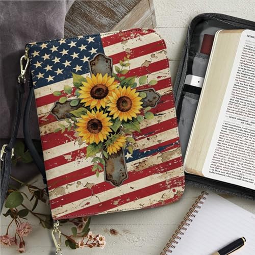Bible Cover for Women Men with Bookmark and Shoulder Strap Large Leather Bible Case Vintage Bibles Protector - color: American Flag Cross and Sunflower, size: Large