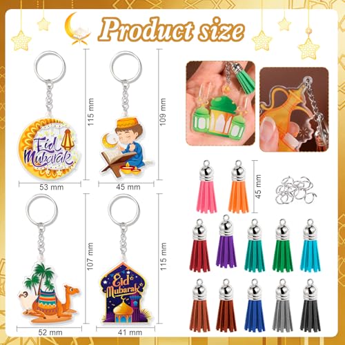 HOWAF 12pcs Eid Ramadan Keychains Set, Eid Mubarak Acrylic Keychain Making Kits with Rings and Tassels, Ramadan Mubarak DIY Craft Keyring for Muslim Celebration Gift Set