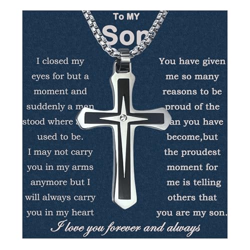 MGOOL Son Gifts From Mom To My Son Necklace From Dad Faith Cross Necklace Present Graduation Birthday Gifts Message Card＆LED Gift Box - color: SN928 Silver-black Led Box