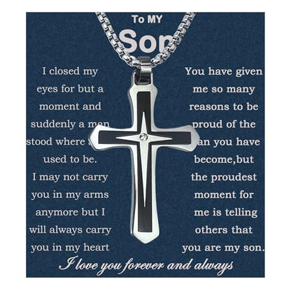 MGOOL Son Gifts From Mom To My Son Necklace From Dad Faith Cross Necklace Present Graduation Birthday Gifts Message Card＆LED Gift Box - color: SN928 Silver-black Led Box