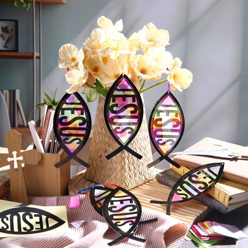 Motipuns 32 Sets Christian Fish Suncatcher Kits for Sunday School VBS Kids - style: Religious Fish