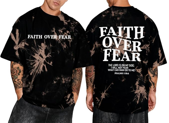 Christian Faith Over Fear Shirt for Men Jesus Religious Shirts Oversized T-Shirt - color: Brown Tie-dye, size: Large