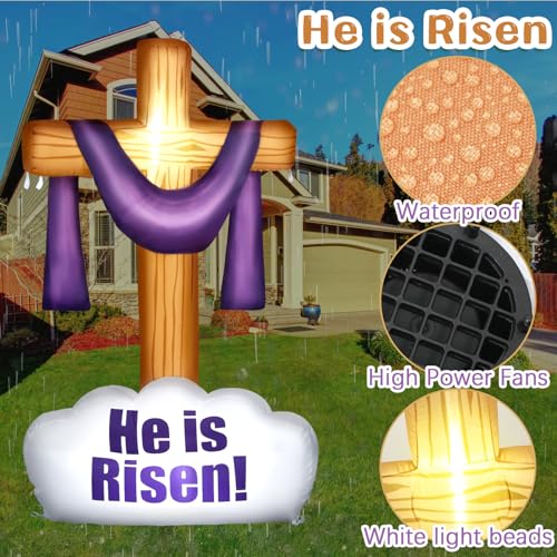 Foilswirl 3.6 ft Easter Inflatable Decoration LED He is Risen Cross Yard Sign Easter Christian Inspirational Blow up Lighted Decor for Indoor Outdoor Home Garden Holiday Lawn Party