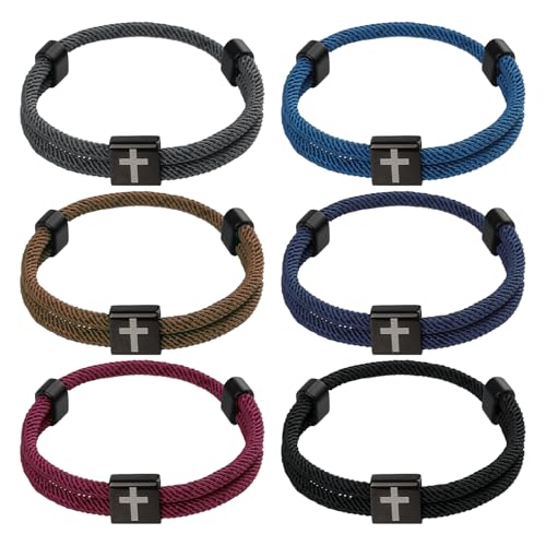 PineHaven 6 Pcs Braided Cross Bracelet for Men Women, Adjustable Christian Rope Cross Bracelet with Metal Knot Religious Gifts - color: deep color