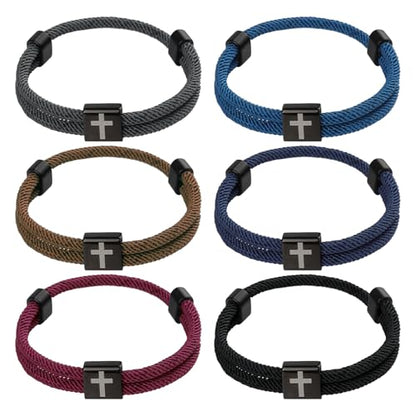 PineHaven 6 Pcs Braided Cross Bracelet for Men Women, Adjustable Christian Rope Cross Bracelet with Metal Knot Religious Gifts - color: deep color