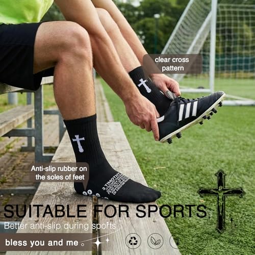 3 Pair Grip Christian Soccer Socks,Easter,Christmas Gift for Men - color: 2 Timothy 1:7 - Black