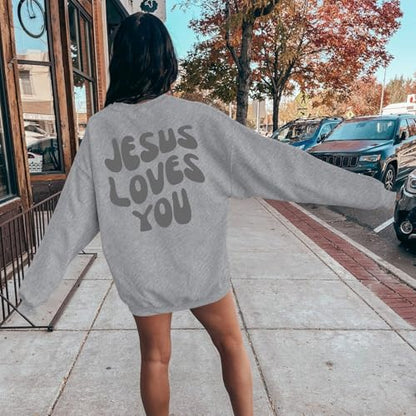 Christian Sweatshirts Women Jesus Loves You Sweatshirt Faith God Shirts Religious Hoodie Oversized Crewneck Pullover - color: Light Gray, size: Large