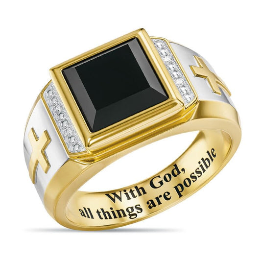 Hsitgexf Men's Stainless Steel Vintage Black Cubic Zirconia Square Multicolor Stone Signet Ring, Gold Silver Cross Rings Pray Christian Religious Rings Jewelry Gift（11） - size: US Size 11