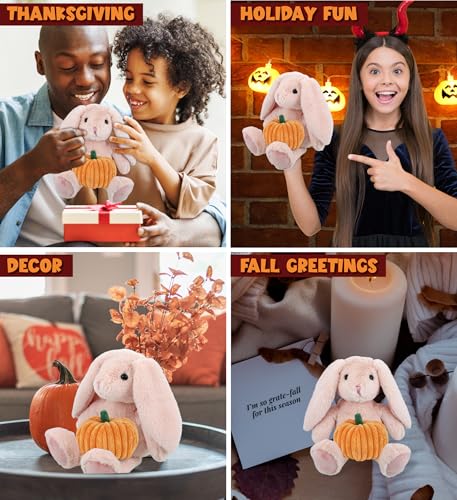 DolliBu Super Soft Baby Pink Rabbit Stuffed Animal with Pumpkin Plush Decor - Rabbit Pumpkin Plush Animal for Fall, Halloween and Thanksgiving, Pumpkin Plush Toy for Baby, Kids, Adults - 8 Inches