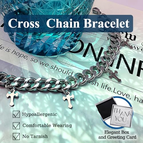 Silver Creed Cross Bracelet For Men Women, Adjustable Cuban Link Stainless Steel Chain Bracelets with Four Cross Charms, Religious Christian Gift for Boyfriend Dad and Son