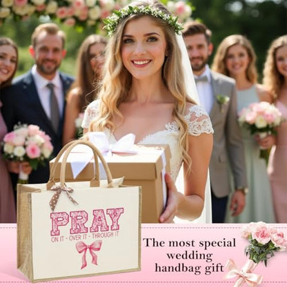 KongMoTree Christian Tote Bags, Coquette Bow Bag with Floral Christians Gifts for Mom, Wife, Sisters, Best Friends - color: Pray on It Over It Through It Pink