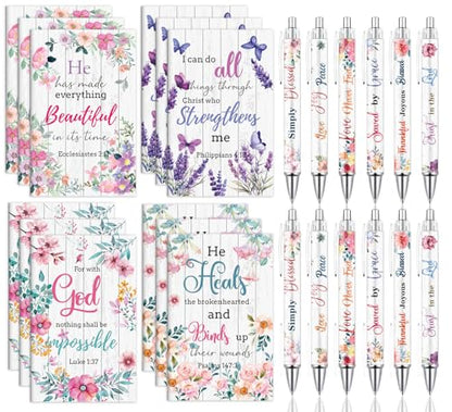 Wxiben Christian Inspirational Gifts Bulk - 24PCS Bible Verse Pens Scripture Notebooks Floral Motivational Ballpoint Pens Set Positive Religious Easter Gift for Women Men Church Sunday School Teacher - style: Christian Inspirational