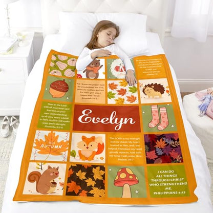 Custom Name Fall Blanket Autumn Soft Cozy Harvest Blanket for Verse Blankets with Inspirational Thoughts and Prayers Religious Boys Girls Kids Adults Halloween Christmas Birthday Christian Gifts - color: Autumu-01