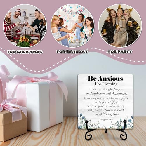 Be Anxious For Nothing Wooden Sign Decor, Philippians 4:6-7 Scripture Plaque, Rustic Wooden Plaque Sign With Iron Stand, Farmhouse Home Office Restroom Desk Shelf Decorations - style: Christian-B