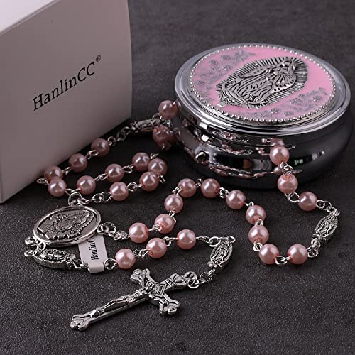 HanlinCC Guadalupe Catholic Rosary Glass Pearl Beads Necklace with Gift Box - color: Guadalupe Rosary Pink