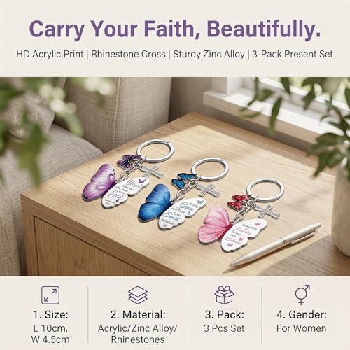 3 Pack Christian Butterfly Cross Keychains, Women Bible Verse Keychains, Inspirational Religious Gifts (Purple, Blue, Pink)