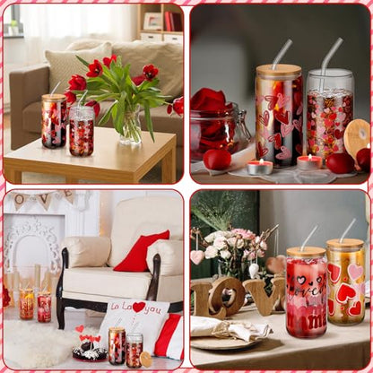 SiliFine 6 Pcs Valentine Heart Glass Cups, 16 oz with Lids and Straws - style: Heart