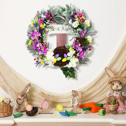 Panelee 18 Inch Easter Wreath for Front Door Cross Wreath Christian Easter Hanging Decorations He Is Risen Religious Artificial Lilies Lavender Eggs Grape Vines Sign for Spring Home Wall Door(Elegant)