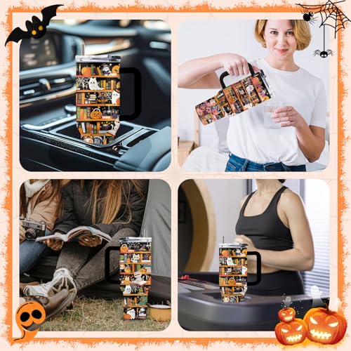 Book Lovers 40oz Tumbler, with Handle Straw, Stainless Steel Cup - color: Halloween