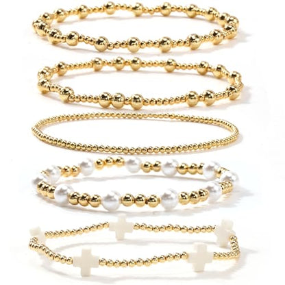 Gold Beaded Bracelets Stack for Women Stackable 14K Gold Plated Beads Ball Cross Bracelet Boho Christian Jewelry Faith Friendship Birthday Gifts for Women - color: Pearl