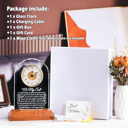 Arikyrist Glass Clock Gifts for Son from Mom Dad with Wooden Light Base - color: Son