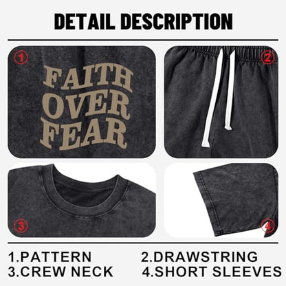 Men's Christian Shirt and Shorts Set Oversized Faith Over Fear T Shirt Washed Religious Bible Verse 2 Piece Outfits - color: Black, size: Medium
