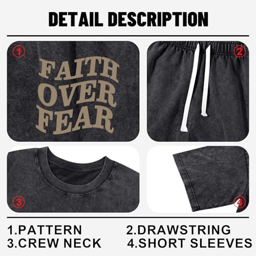 Men's Christian Shirt and Shorts Set Oversized Faith Over Fear T Shirt Washed Religious Bible Verse 2 Piece Outfits - color: Black, size: X-Large