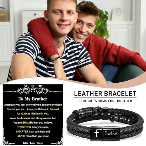 Christian Gifts for Mens Jewelry Black Double Layer Leather Cross Bible Verse Bracelets for Men, Teen Boys Religious Baptism Confirmation Gifts for Son Grandson Brother Teenages Gift Ideas - color: Brother(8.27 Inch)