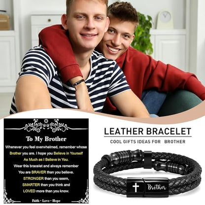 Christian Gifts for Mens Jewelry Black Double Layer Leather Cross Bible Verse Bracelets for Men, Teen Boys Religious Baptism Confirmation Gifts for Son Grandson Brother Teenages Gift Ideas - color: Brother(8.27 Inch)