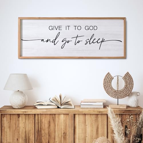 Give It to God and Go to Sleep Decorative Rustic Sign & Plaque Framed Wall Art for Couples, 40''×15'' Vintage Cottagecore Wooden Horizontal Wall Decor Above Bed, Farmhouse Wedding Gift for Bedroom - color: Natural Frame, style: Give It to God and Go to Sl