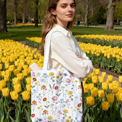 2 Pack Canvas Tote Bag with Makeup Zipper Pouch Colorful Polyester Printed Reusable Shopping Bags for Women - style: White Flower