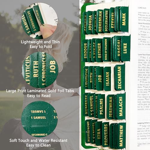 Bible Tabs for Women & Men Green – 80 Gold Foil (66+14 Blank) - color: Green