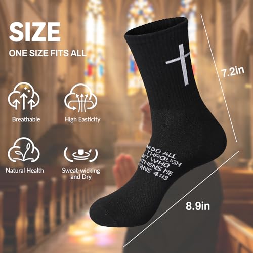6 Pairs Christian Cross Socks Prayer Stockings with Bible Verse for Church & Daily Wear Christian Gift for Christmas - color: Philippians 4:13 - Black
