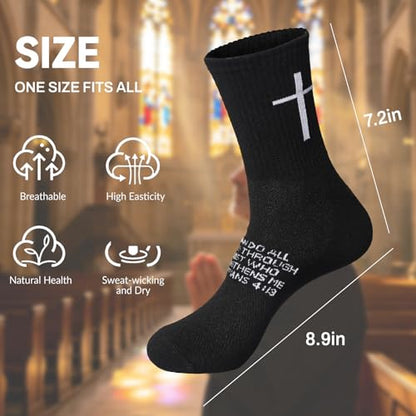 6 Pairs Christian Cross Socks Prayer Stockings with Bible Verse for Church & Daily Wear Christian Gift for Christmas - color: Philippians 4:13 - Black