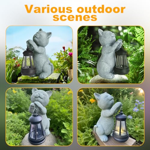 Solar Cat Garden Statue with LED Light - Cute Cat Figurine for Outdoor Decor, Weatherproof Resin Night Light for Yard Patio Lawn, Gift for Cat Lovers Women Mom Grandma