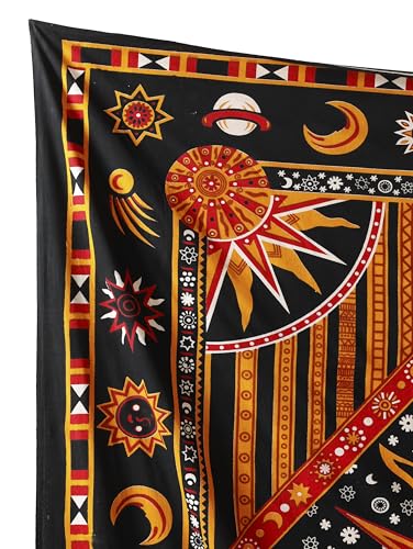 Popular Handicrafts Wall Hanging Tapestry For Bedroom Hippie Burning Sun and Moon Meditation Bohemian Hippy Psychedelic Design Indian Tapestries Bedspread 90 x 108 inches (230cm x 270cm) Green - color: Golden, size: 108"L x 90"W