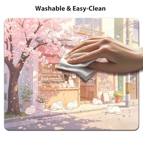 Anime Sakura Cat Café Mouse Pad 9.5" x 7.9", Cozy Japanese Cherry Blossom Cute Desk Mat, Kawaii Art - color: Cartoon Design