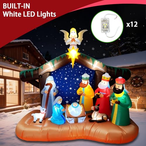 8FT Christmas Inflatables Nativity Scene Decorations, Outdoor Christmas Blow Up Yard Decor, Built-in White LED Lights, Waterproof Xmas Decorations for Yard Garden Lawn Holiday Party