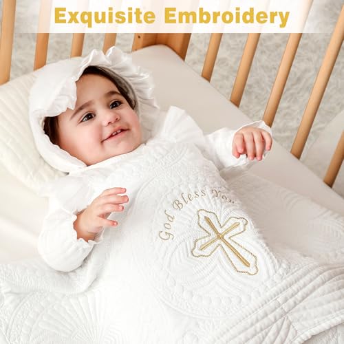 Cotton Quilted Baptism & Christening Baby Blanket Cross Gift 33"x45" - color: Golden Blessing Blanket
