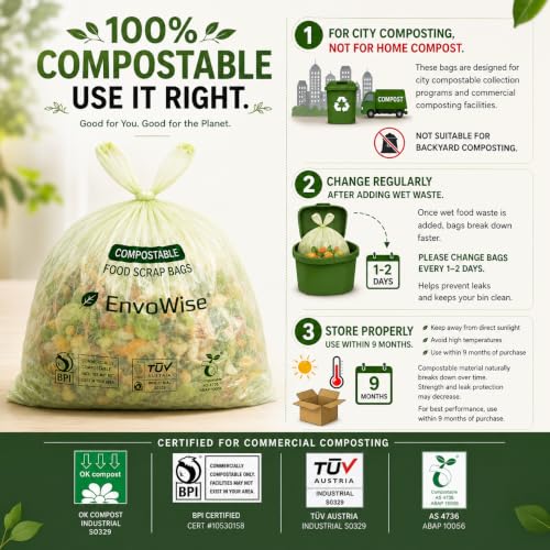 Compostable Food Scrap Bags, 2.6 Gal /10L, Handle-Tie, 100 Count