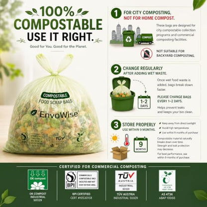Compostable Food Scrap Bags, 2.6 Gal /10L, Handle-Tie, 100 Count